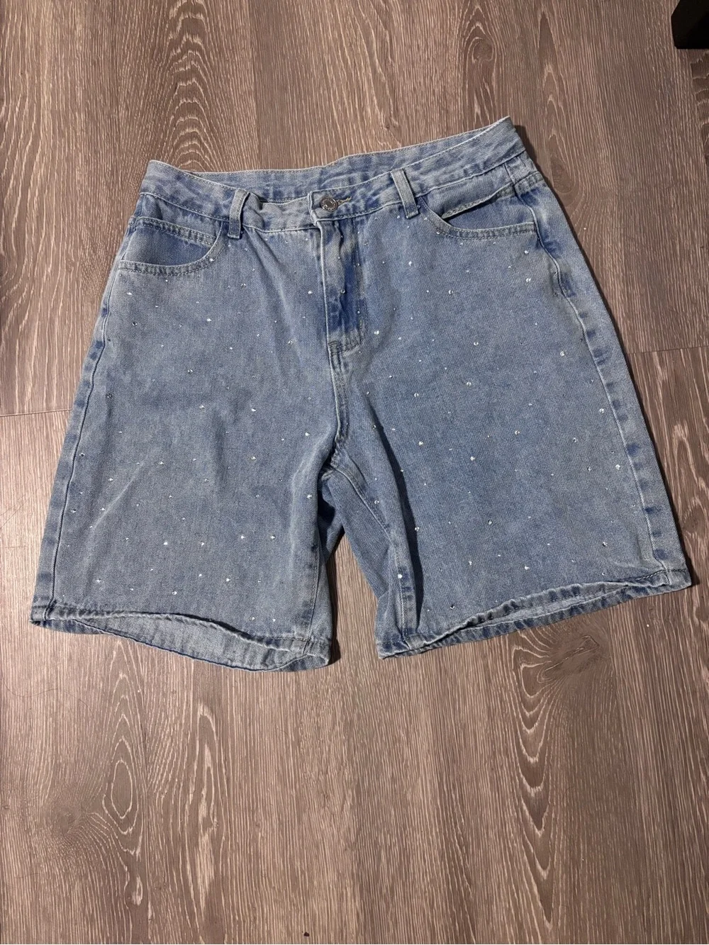 SHEIN Light Blue Denim Shorts with Rhinestone Dots